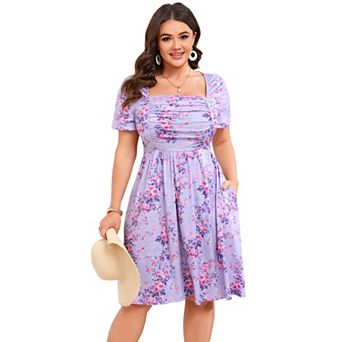 Plus Size Women's Elegant Ruched Square Neck Printed Mini Dress