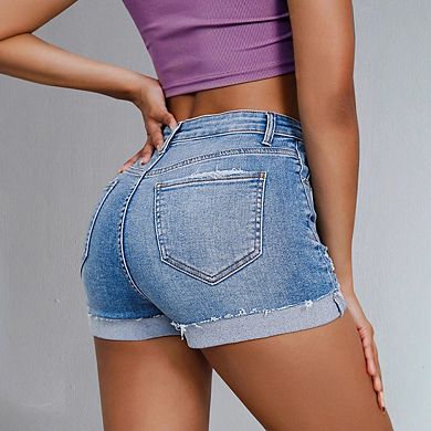 Women's High Waisted Denim Shorts Distressed Rip Rolled Cuff Hem Button Casual Shorts