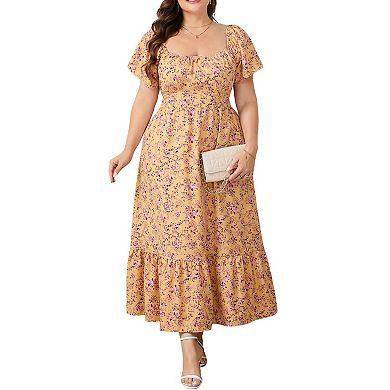 Floral Print Square Neck Midi Dress with Puff Sleeves, Ruffle Hem & Pockets