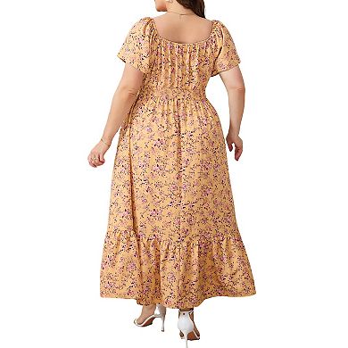 Floral Print Square Neck Midi Dress with Puff Sleeves, Ruffle Hem & Pockets