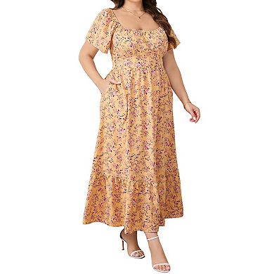 Floral Print Square Neck Midi Dress with Puff Sleeves, Ruffle Hem & Pockets