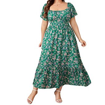 Floral Print Square Neck Midi Dress with Puff Sleeves, Ruffle Hem & Pockets