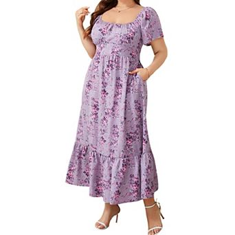 Floral Print Square Neck Midi Dress with Puff Sleeves, Ruffle Hem & Pockets