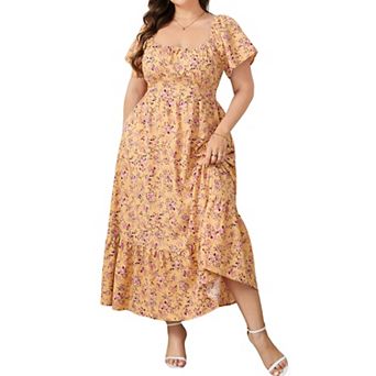 Floral Print Square Neck Midi Dress with Puff Sleeves, Ruffle Hem & Pockets