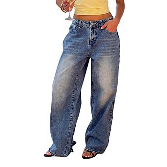 Womens Wide Leg Jeans Casual Vintage Mid Waist Baggy Denim Washed Pants with Pockets