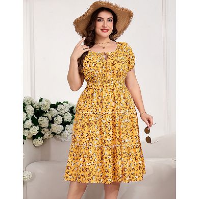 Plus Size Women's Casual Floral Printed Short Sleeve Tie Neck Dress