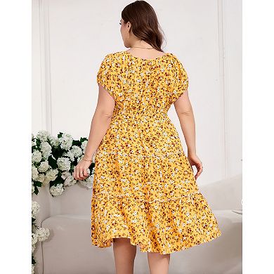 Plus Size Women's Casual Floral Printed Short Sleeve Tie Neck Dress