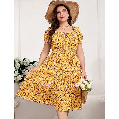 Plus Size Women's Casual Floral Printed Short Sleeve Tie Neck Dress