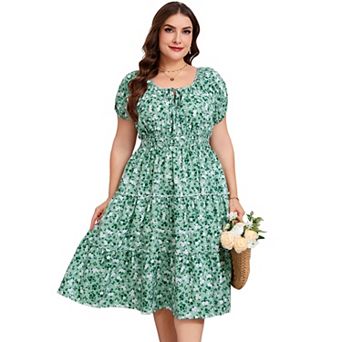 Plus Size Women's Casual Floral Printed Short Sleeve Tie Neck Dress