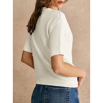 Women Slim Fit Short Sleeve Shirt Button Down Knit Cardigan