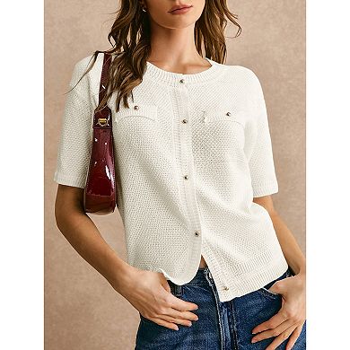 Women Slim Fit Short Sleeve Shirt Button Down Knit Cardigan