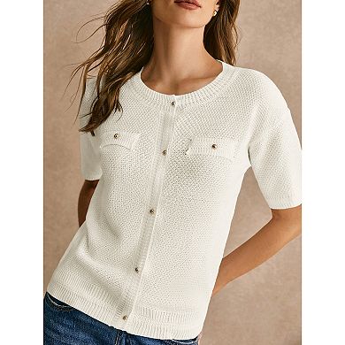 Women Slim Fit Short Sleeve Shirt Button Down Knit Cardigan