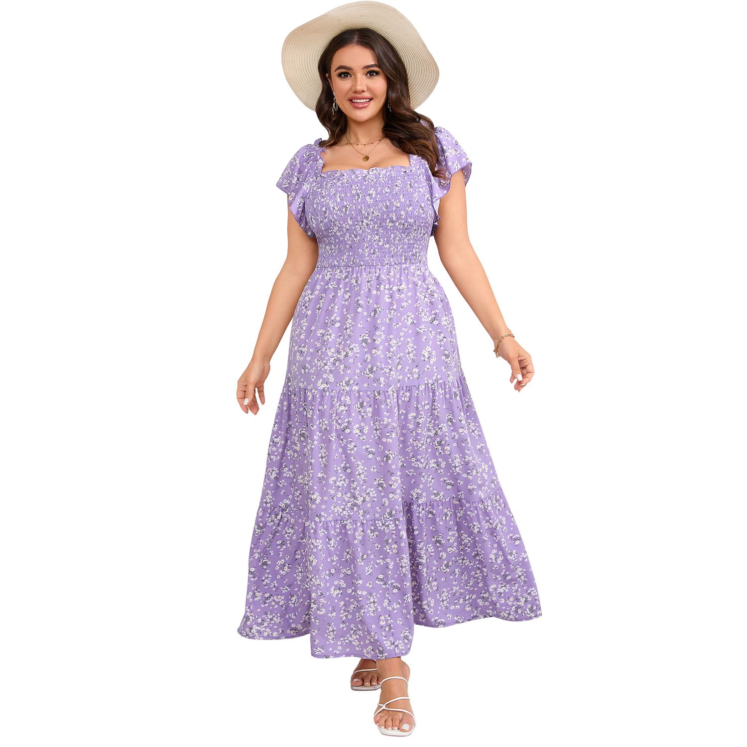 Женские платья Plus Size Elegant Square Neck Ruffle Short Sleeve Dress