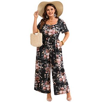 Plus Size Women Square Neck Dressy Jumpsuit Casual Wide Leg Long Pant