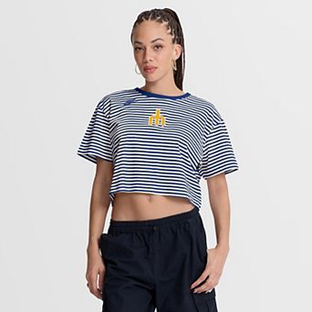 Women's Nike Royal/Cream Seattle Mariners Cooperstown Collection Striped Cropped T-Shirt