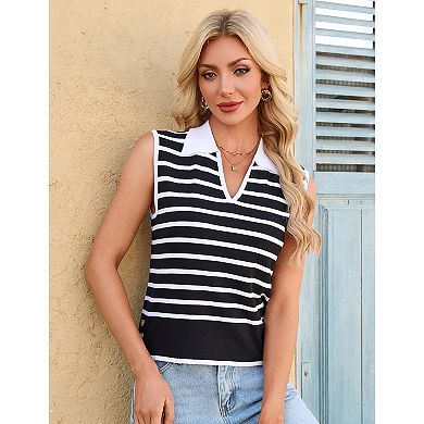 Women's Striped Knit Vest Collared Sleeveless Casual Top