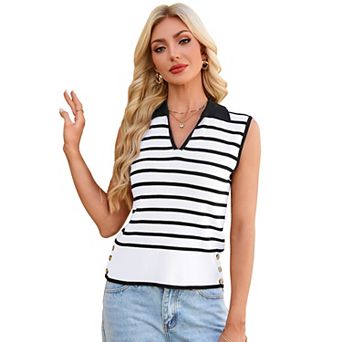 Women's Striped Knit Vest Collared Sleeveless Casual Top