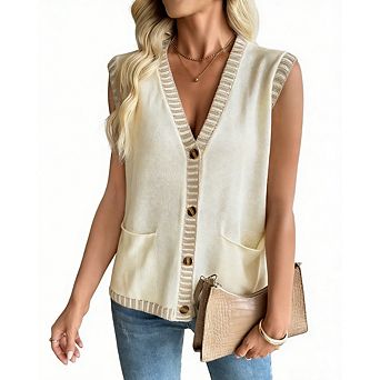 Women's V-Neck Sleeveless Knit Vest Button Down Contrast Trim Pocket Casual Sweater Vest