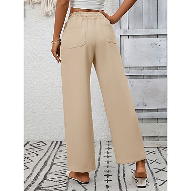 Womens Wide Leg Pants Casual Loose Drawstring Elastic Waist Lounge Trousers with Pockets