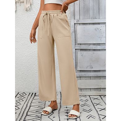 Womens Wide Leg Pants Casual Loose Drawstring Elastic Waist Lounge Trousers with Pockets
