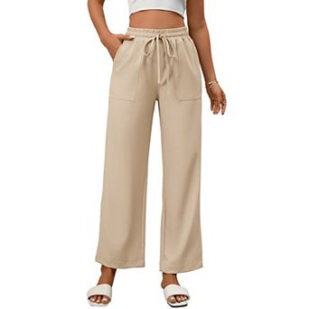 Womens Wide Leg Pants Casual Loose Drawstring Elastic Waist Lounge Trousers with Pockets
