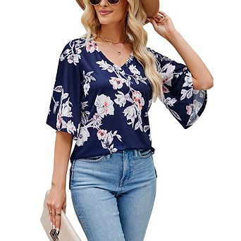 Women's 3/4 Bell Sleeve Blouse V Neck Floral Vacation Casual Holiday Tops