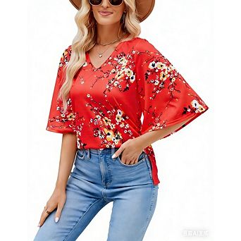 Women's 3/4 Bell Sleeve Blouse V Neck Floral Vacation Casual Holiday Tops