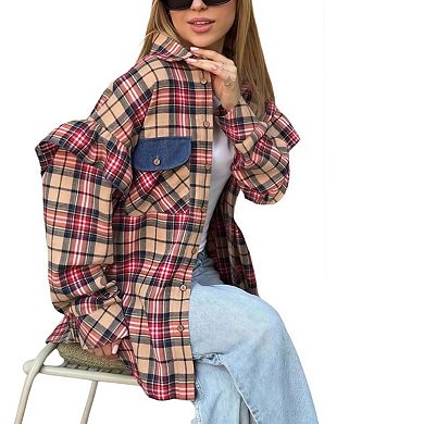 Womens Button Down Oversized Shirts Long Sleeve Plaid Shackets Business Casual Blouse Top