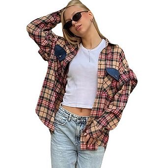 Womens Button Down Oversized Shirts Long Sleeve Plaid Shackets Business Casual Blouse Top