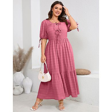 Women's Plus Size Crew Neck Short Sleeve Bowknot Tie Front Maxi Dress