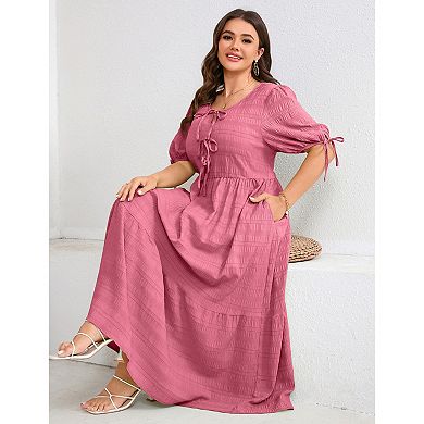 Women's Plus Size Crew Neck Short Sleeve Bowknot Tie Front Maxi Dress