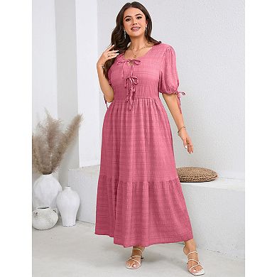 Women's Plus Size Crew Neck Short Sleeve Bowknot Tie Front Maxi Dress