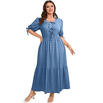 Women's Plus Size Crew Neck Short Sleeve Bowknot Tie Front Maxi Dress
