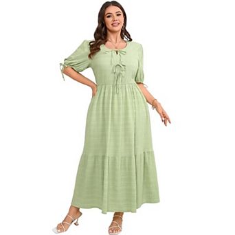 Women's Plus Size Crew Neck Short Sleeve Bowknot Tie Front Maxi Dress