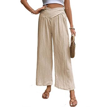 Women's High Waist Pants Solid Color Pleated Cropped Wide Leg Pant