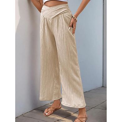 Women's High Waist Pants Solid Color Pleated Cropped Wide Leg Pant