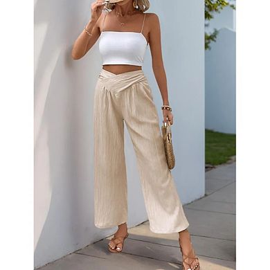 Women's High Waist Pants Solid Color Pleated Cropped Wide Leg Pant