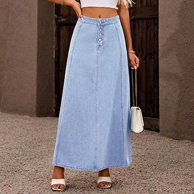Women's High Waist Classic 4-Button Flare A Line Stretch Maxi Long Jean Skirts