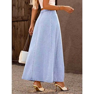 Women's High Waist Classic 4-Button Flare A Line Stretch Maxi Long Jean Skirts
