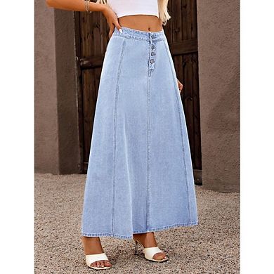 Women's High Waist Classic 4-Button Flare A Line Stretch Maxi Long Jean Skirts