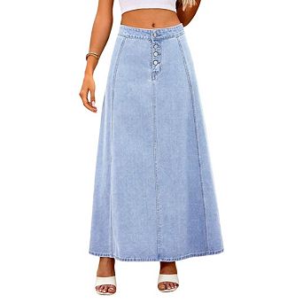 Women's High Waist Classic 4-Button Flare A Line Stretch Maxi Long Jean Skirts