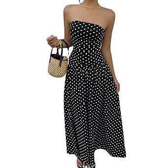 Womens Polka Dot Strapless Dress Summer Ruched Tube Top Casual Sleeveless Swing Flowy Maxi Dresses