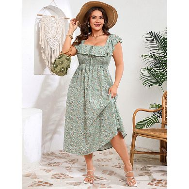 Women Elegant Floral Print Ruffle Sleeve Plus Size Maxi Dress