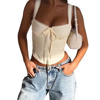 Women's Elegant Slim Fit Lace Trim Camisole Corset Tops Cold Shoulder Ties Back Going Out Tank Top