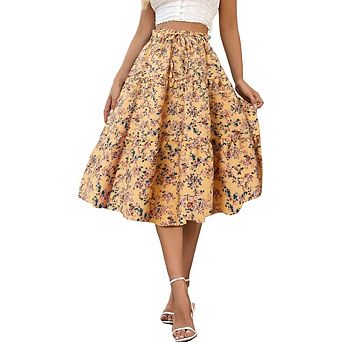 Women's Floral Tiered Midi Skirt High Waist Drawstring Waist Ruffled Casual Beach Skirt