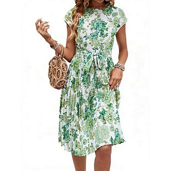 Women's Boho Floral Midi Dress Cap Short Sleeve Tie Waist A Line Casual Beach Dress