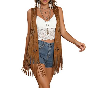 Faux Suede Fringe Vest with Laser Cut Floral Details & Open Front Boho Style