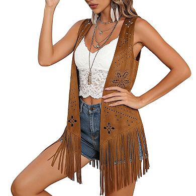 Faux Suede Fringe Vest with Laser Cut Floral Details & Open Front Boho Style