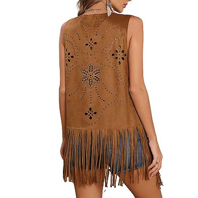 Faux Suede Fringe Vest with Laser Cut Floral Details & Open Front Boho Style