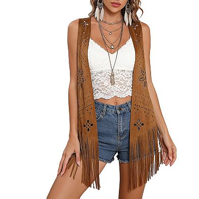 Faux Suede Fringe Vest with Laser Cut Floral Details & Open Front Boho Style
